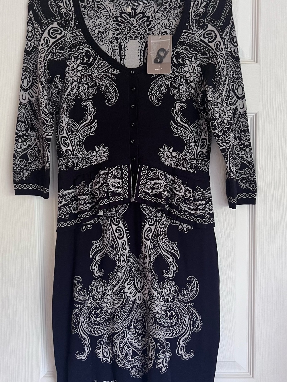 Anthropologie Navy and White Paisley Long-Sleeve Dress
